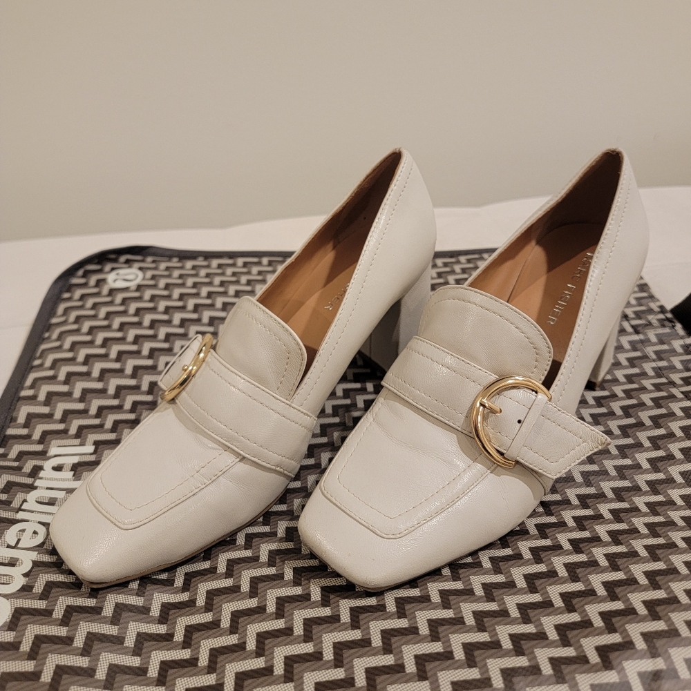 Cream Leather Square Toe Block Heels with Gold Buckle